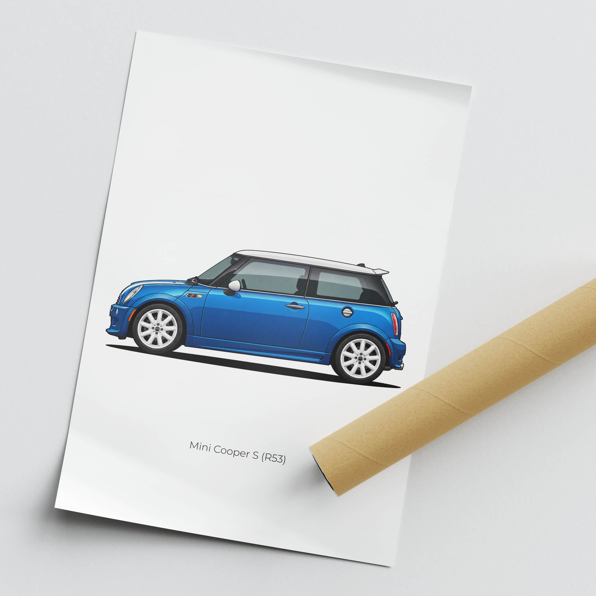 Mini Cooper Poster - 2002 Electric Blue R53 With White Roof Side View Print