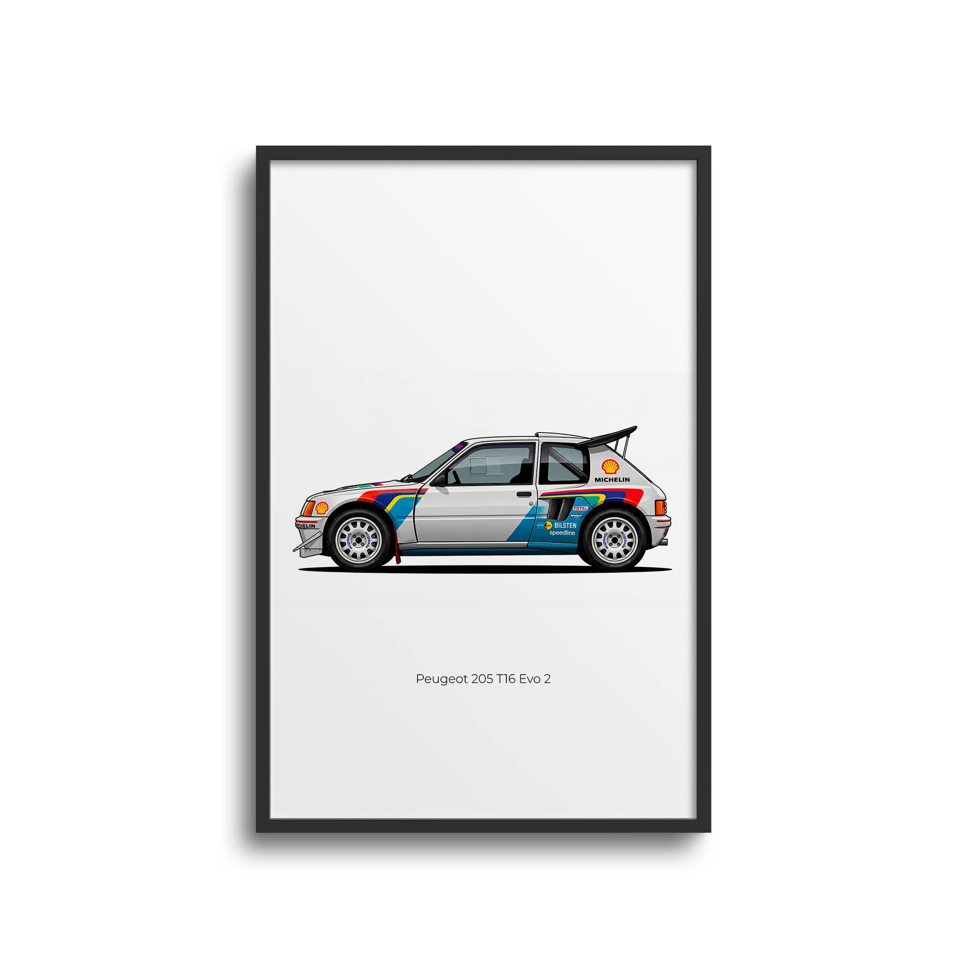 Peugeot 205 T16 Poster - 1985 Rally Car Print | White Rainbow Livery Art
